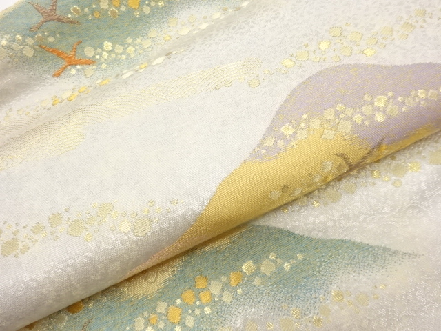  山並に色紙散らし・鳥・波模様織出し袋帯